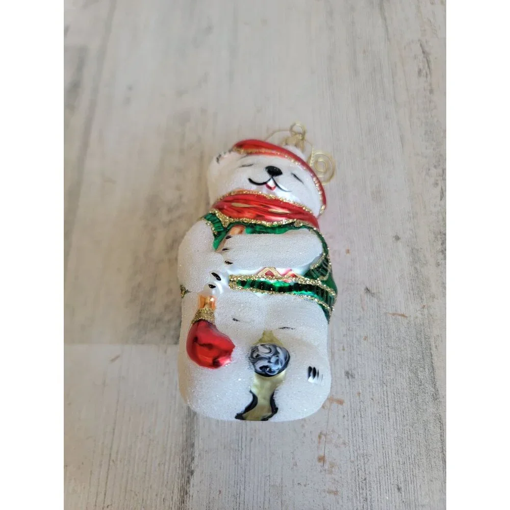 Vintage polar bear glitter‎ blown glass golf ornament Xmas